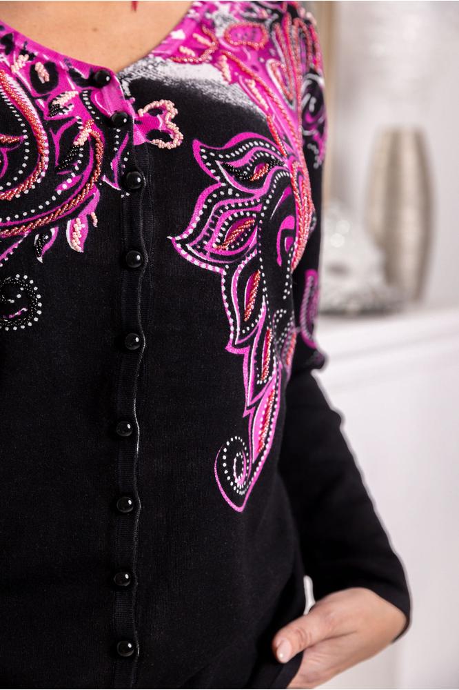 Fekete alapon, rózsaszín virágos cashmere kardigán