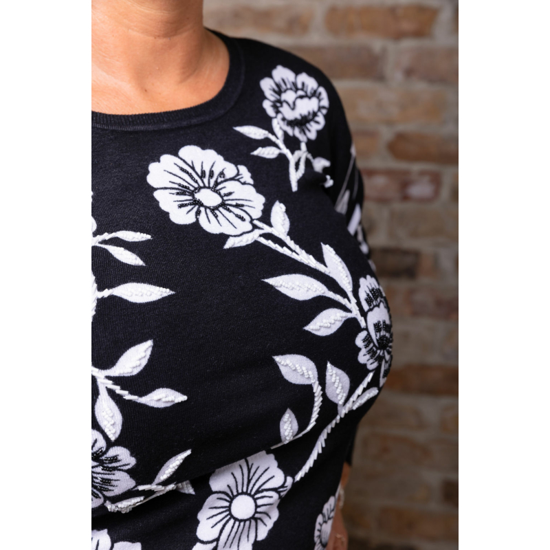 Fekete - fehér virágmintás cashmere pulover